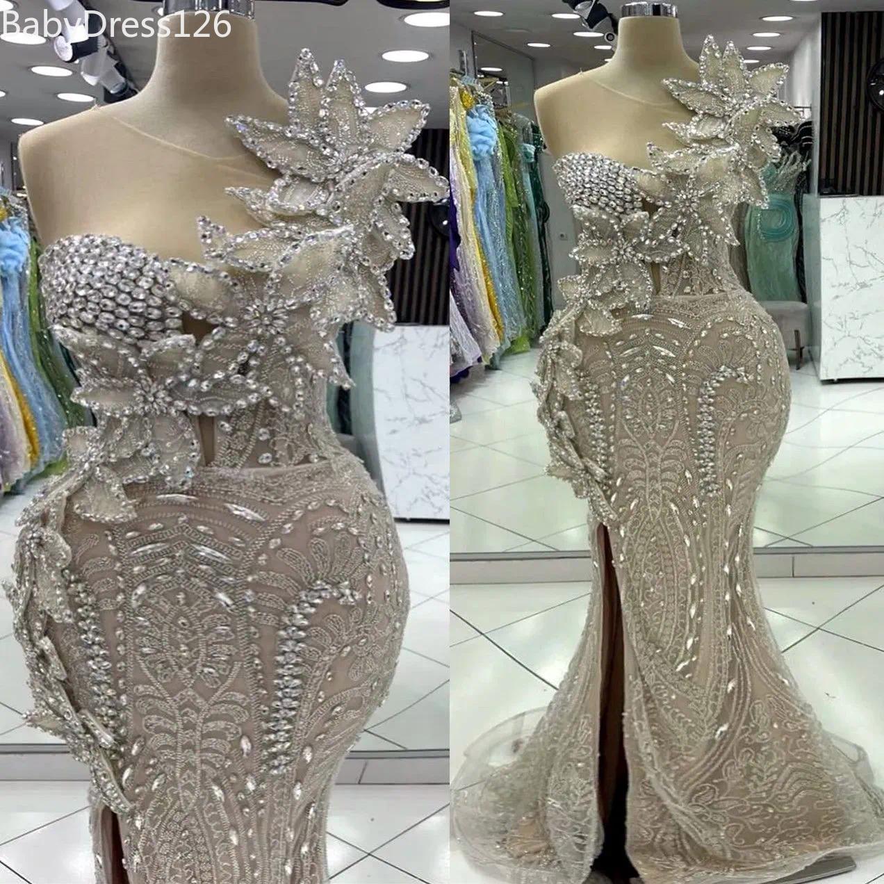 Luxury Champagne Mermaid Prom Dresses Illusion Rhinestones Flowers Lace Evening Formal Party Second Reception Birthday Gowns Dress For Special Occasions D24