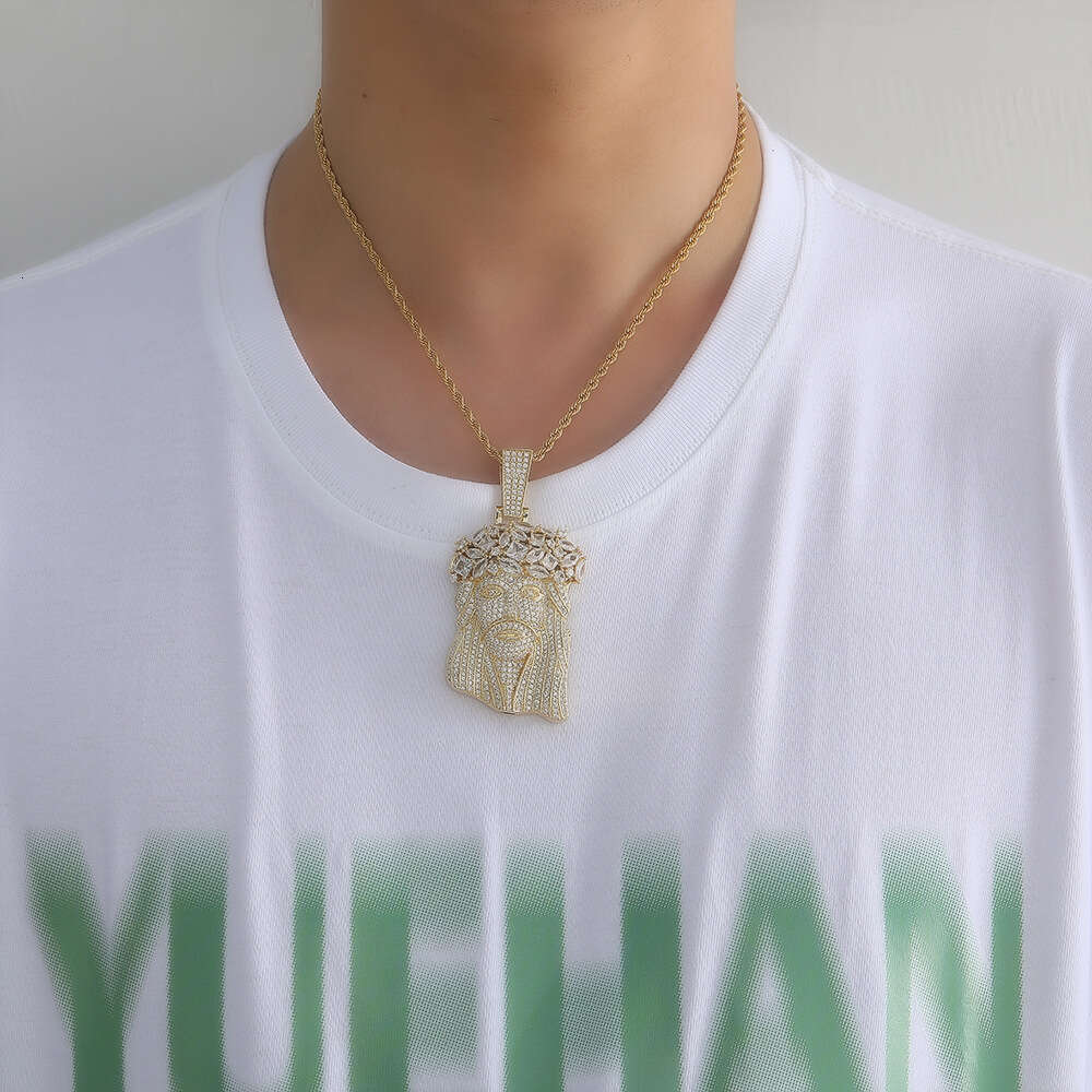 European And American Hip-Hop Copper Inlaid Zircon Personality Domineering Men's Necklace Cross-Border Human Face Head Pendant Chain