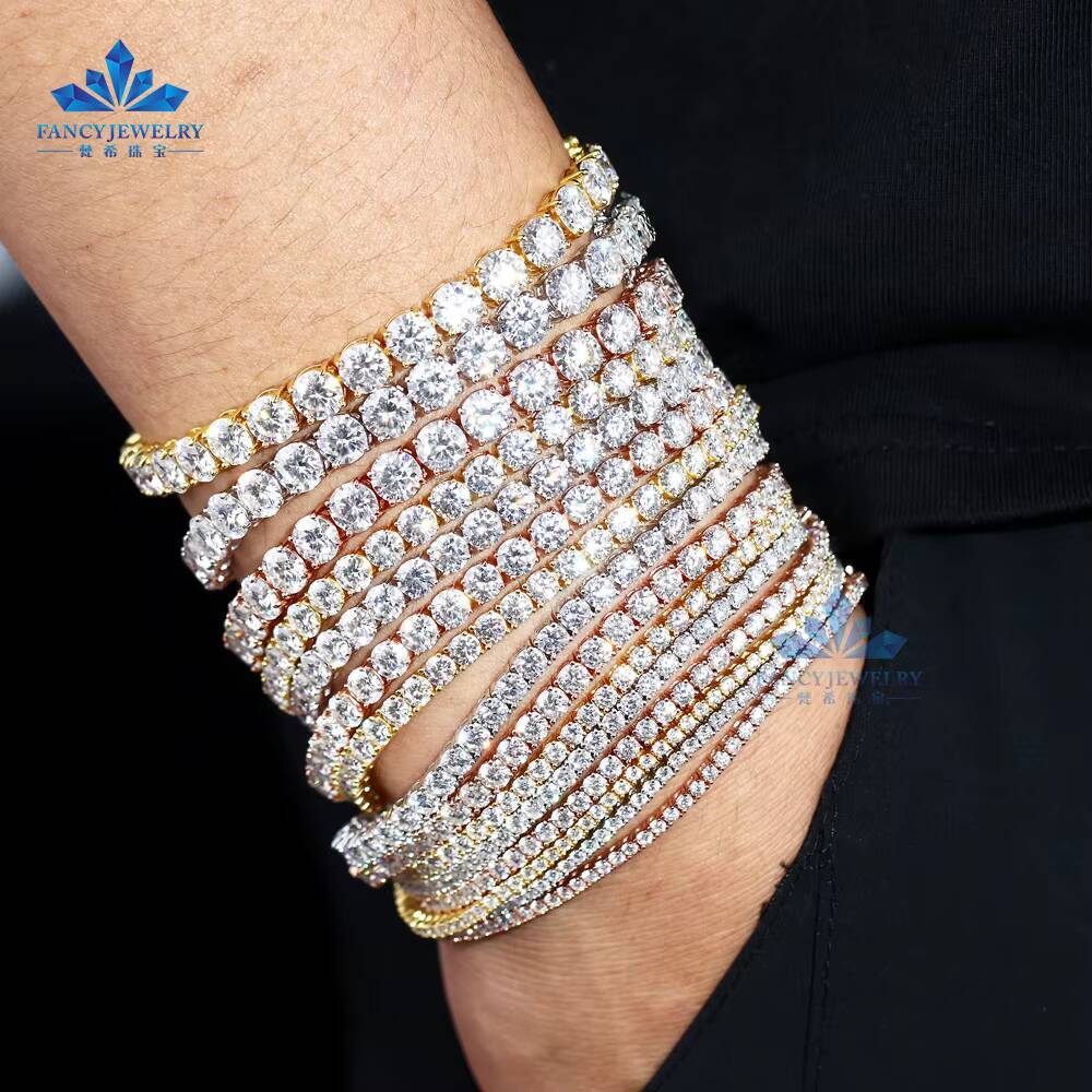 925 Silver Rhodium Plated 2/3/4mm Moissanite Bracelet for Men Women Pass Diamond Tester VVS Diamond Moissanite Tennis Chain
