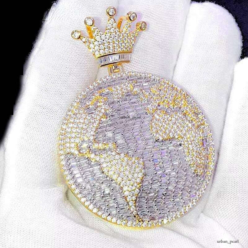 Icy Pearl CZ World King Pendant Necklace VVS Moissanite Crown Charm Men's Fashion Hip Hop Jewelry