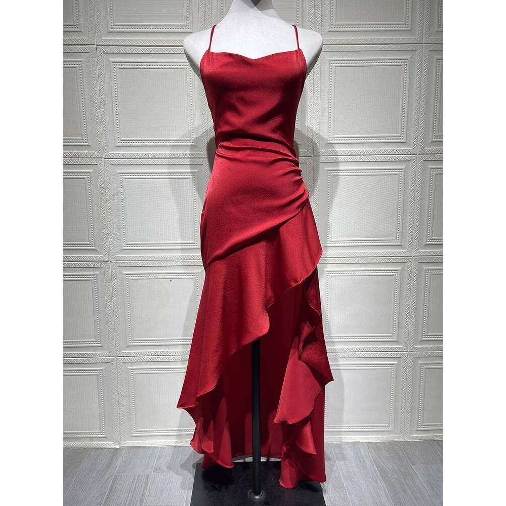 Mozision Satin Spaghetti Strap Ruffle Sexy Maxi Women Off-shoulder Sleeveless Backless Thigh High Split Club Party Dress