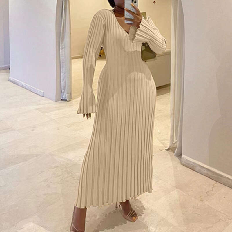 Cross-Border Autumn Winter New Casual Waist V-Neck Large Ribbed Slimming Knitted Long Dress for Women