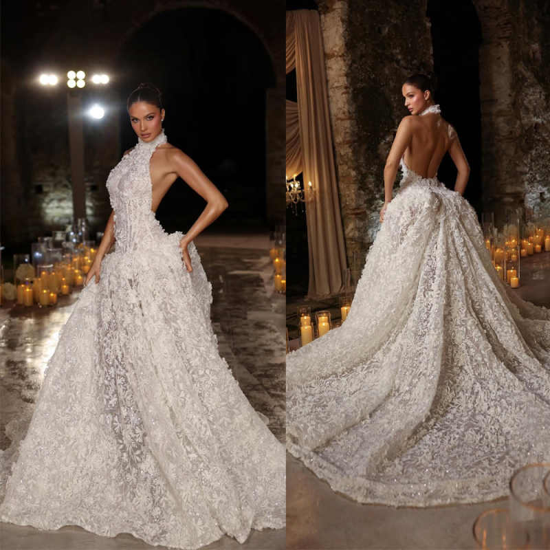 Customized Lace Appliques Strapless Wedding Dress A-Line Halter 2026 Backless vestidos de novia Backless Sweep Train Formal