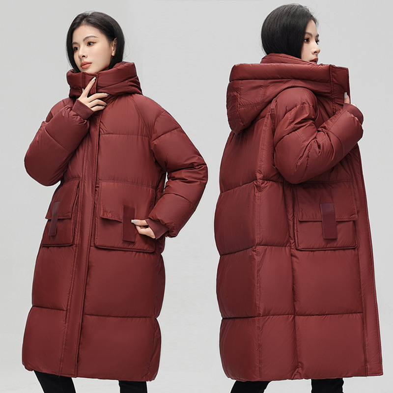 IMAKOKONI Original Winter Thick Burgundy Medium length Down Jacket for Women 234382 241107
