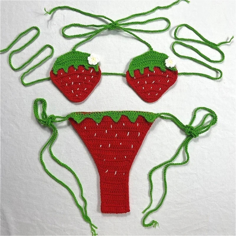 Sexy Strawberry Hand-Woven Swimsuit Fruit Women Bikini Set Adjustable Bandage Split Swimwear Lemon Female Bathing Suit Beachwear 260106