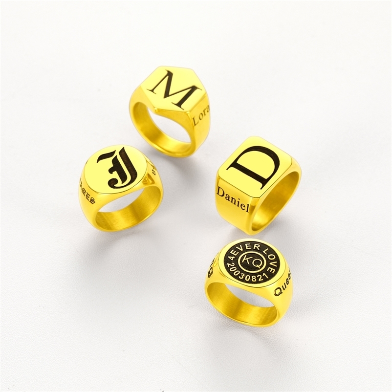 U7 Laser Engrave Upper Case Initial Letter Rings Round Hexagon Square Stainless Steel Name Signet Ring Custom Team Family Jewels 251224