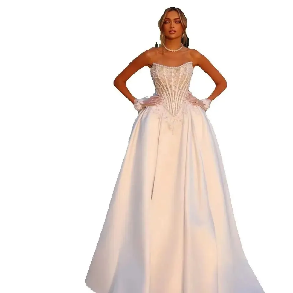 2026 Chic Pearls Lace Dubai Araic A Line Wedding Dresses Modern White Satin Ruched Strapless Basque Waist Vintage Bridal Gowns Bowknot Bride Robes de 