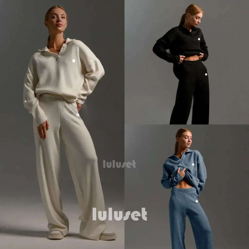 Top Alonessities jacket set sweatshirt Yoga Autumn Winter Polo Neck Knitted Ullover Wide Leg Pants Jogger Suit Tracks Alonessities Women sweat set Clothes Gym Set