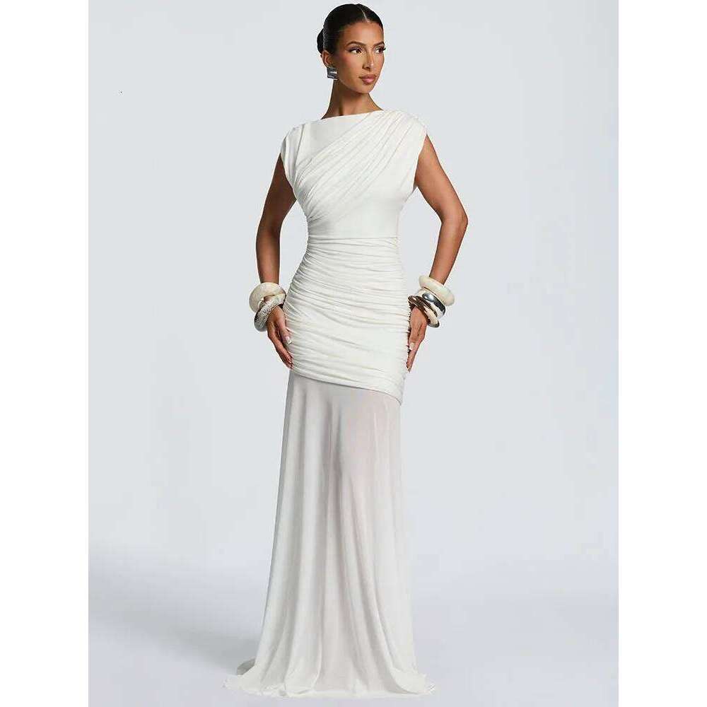 Mozision Sleeveless Ruched Sexy Maxi Dress Women Gown Elegant Patchwork Mesh O Neck High Waist Skinny Club Party Long Dresses