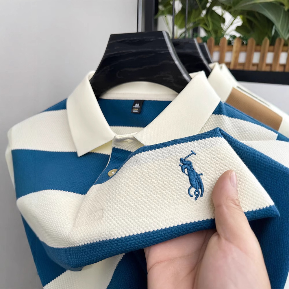 2026 Luxury Brand Designer Clothing Summer Men's New Turn-Down Collar Loose Short Sleeve T-Shirt Wide Stripe Embroidery Fashion Business Middle-A