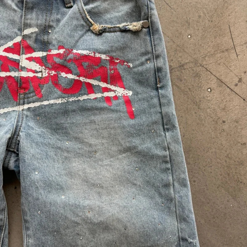 Jorts Rhinestone Y2K Graffiti Distressed Printed Denim Shorts Men Women Trend Retro Hip Hop Streetwear Unisex Baggy Short Pants 260106CJ