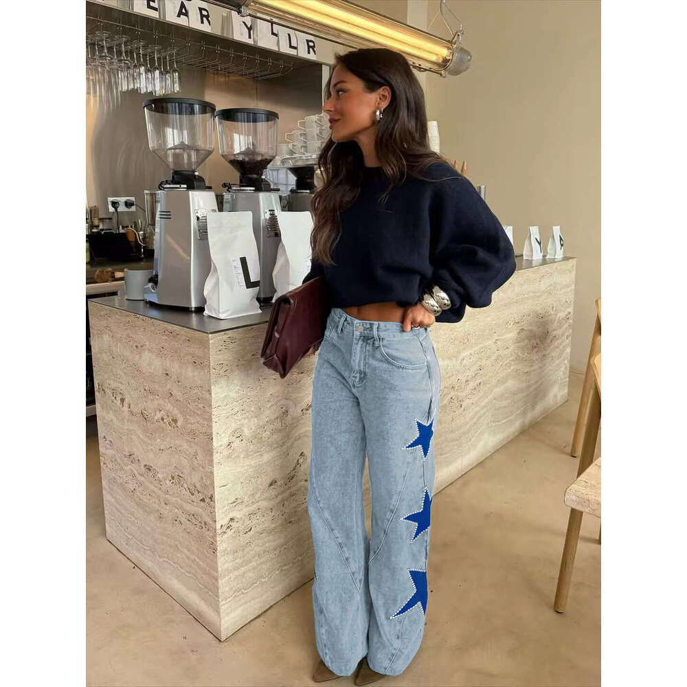 Lady's new style fashionable casual five-pointed star loose straight-through denim trousers J260107