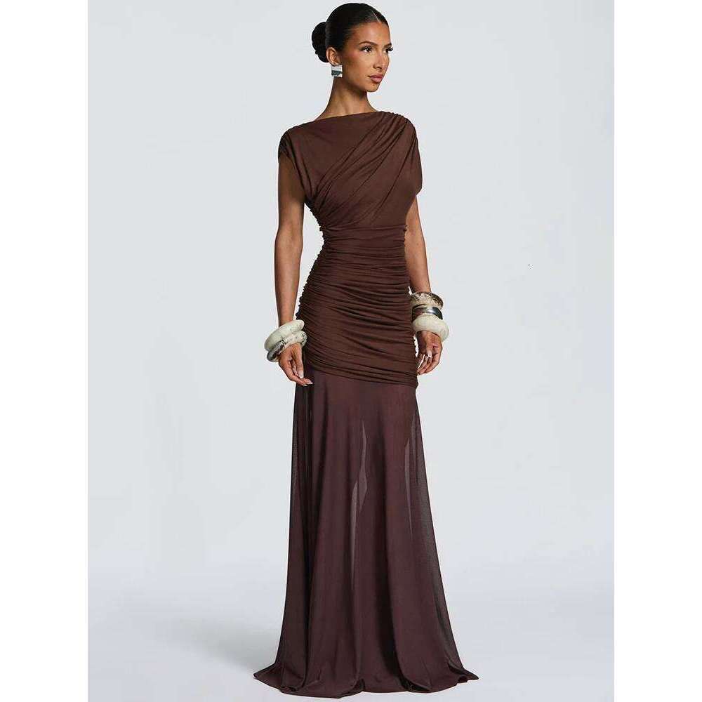 Mozision Sleeveless Ruched Sexy Maxi Dress Women Gown Elegant Patchwork Mesh O Neck High Waist Skinny Club Party Long Dresses