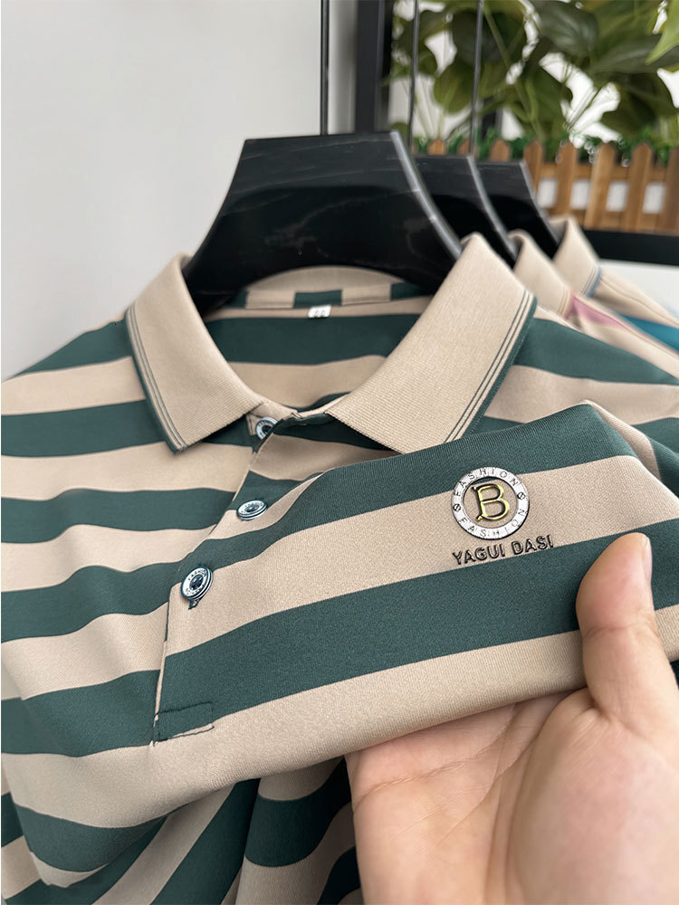 Designer Clothes Off-Site Summer New Men's Short Sleeve T-Shirt Turn-Down Collar Striped Luxury Brand Loose Half Sleeve Middle-Aged POLO Shirt Ho