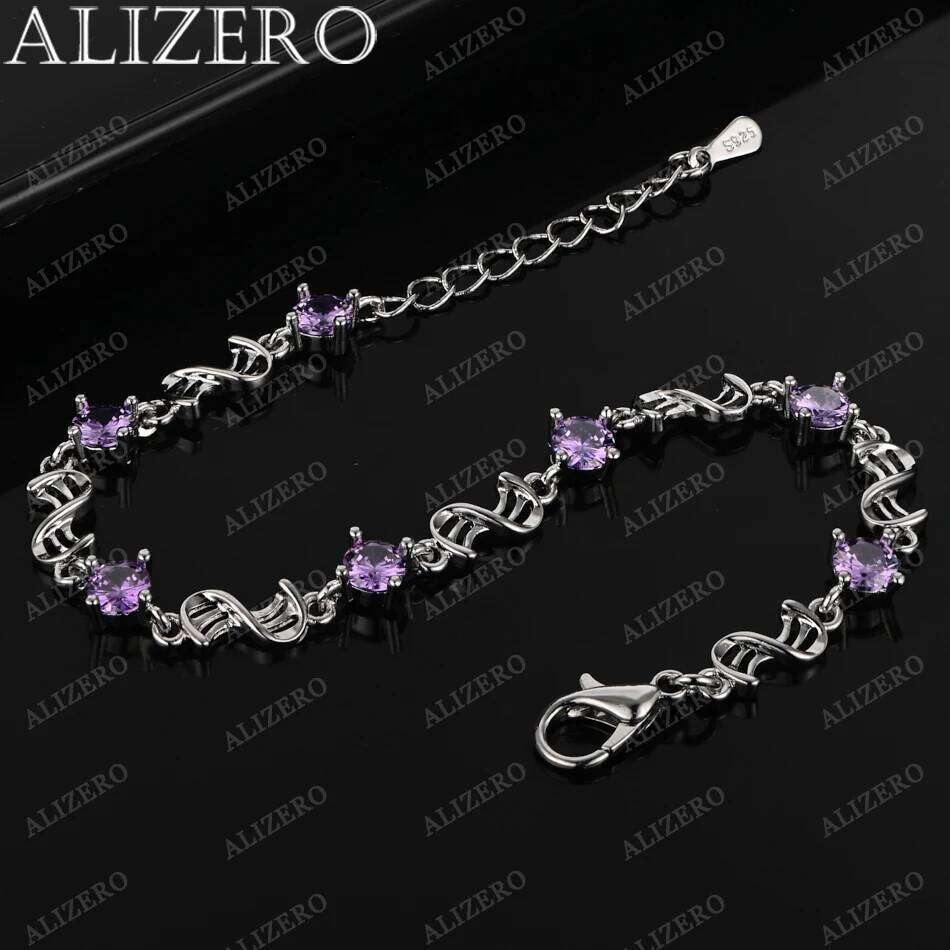 ALIZERO 925 Sterling Silver Bracelet White / Purple Zircon Crystal Bracelets for Women Wedding Party Fashion Fine Jewelry Gifts