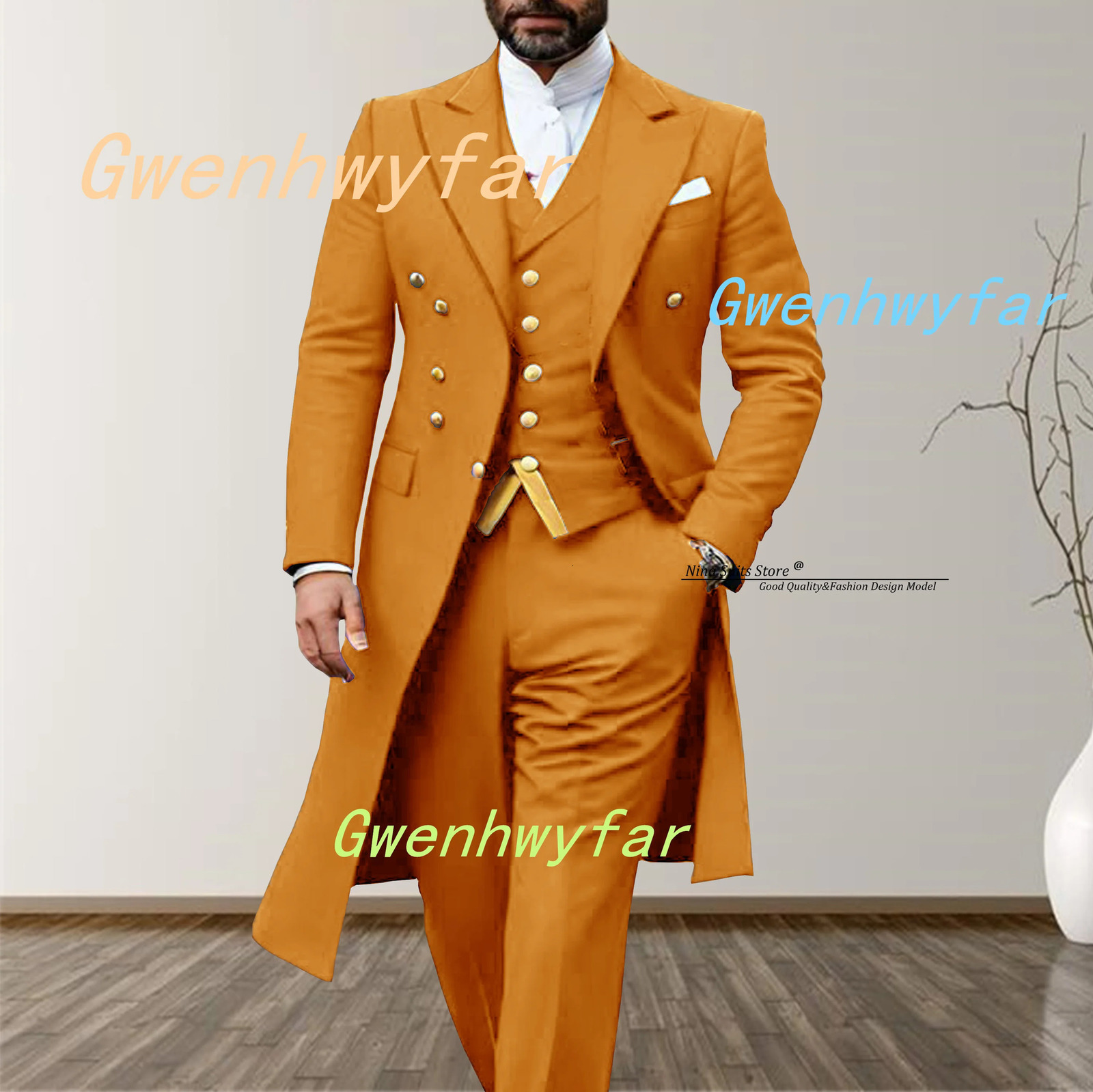 Gwenhwyfar 2025 Elegant Long Mens Suits 3piece set of Turquoise Wedding Costume with Golden Stitching Vest Casual Pants 260106 - view 5