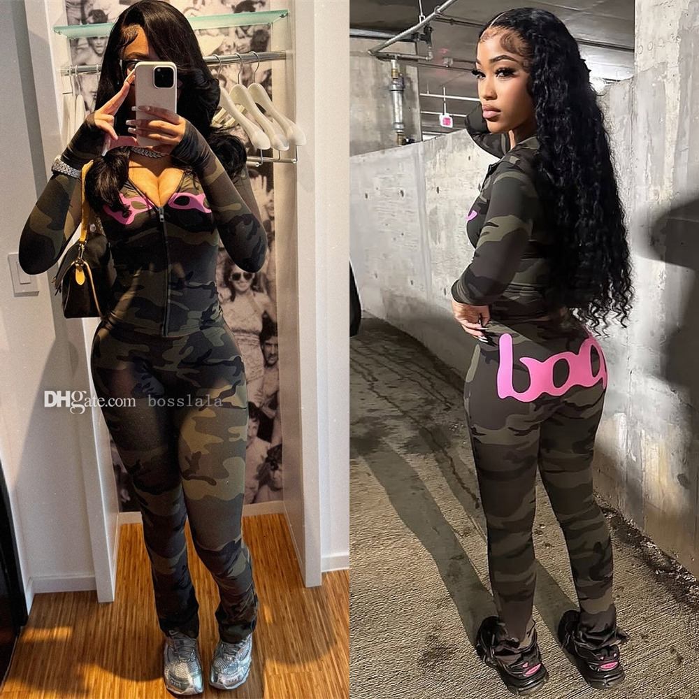 Designer Tracksuit New Fashion Two Piece Set Women Camouflage Printed Hooded Jacket Top Long Sleeve Sports Pants Casual Track Suit