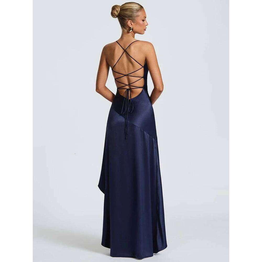 Mozision Satin Spaghetti Strap Ruffle Sexy Maxi Women Off-shoulder Sleeveless Backless Thigh High Split Club Party Dress