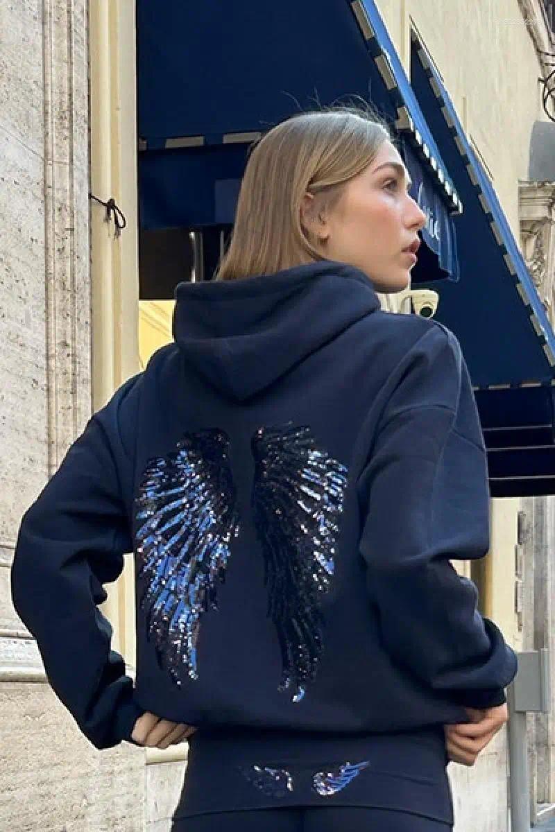 Women's Hoodies Trendy Elegant Casual Pullover Autumn Easy Match Sequin Wing Print Hoodie Tops Lady Loose Commuter Office Clothes