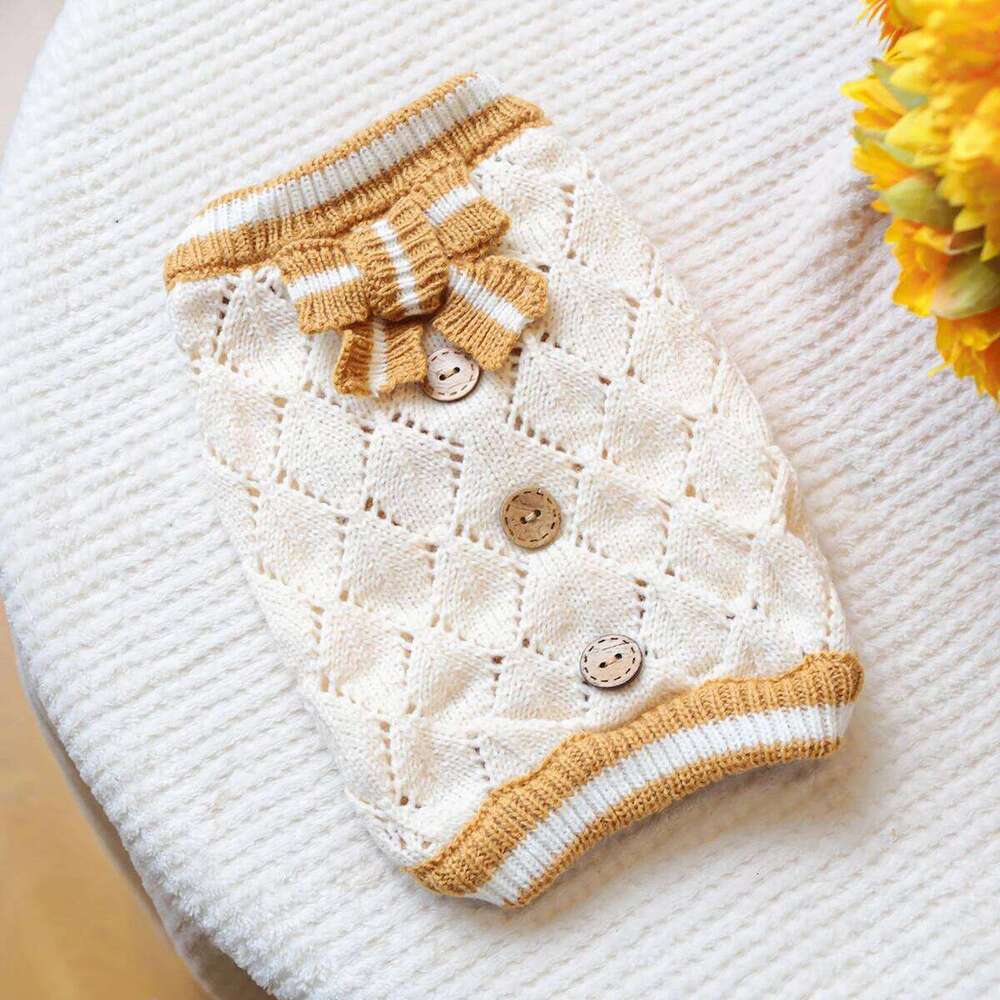 1PC Hollow Knit Sweater Pet Clothes Dog Cat Autumn Brown White Bow Stretch Pullover 26H0107