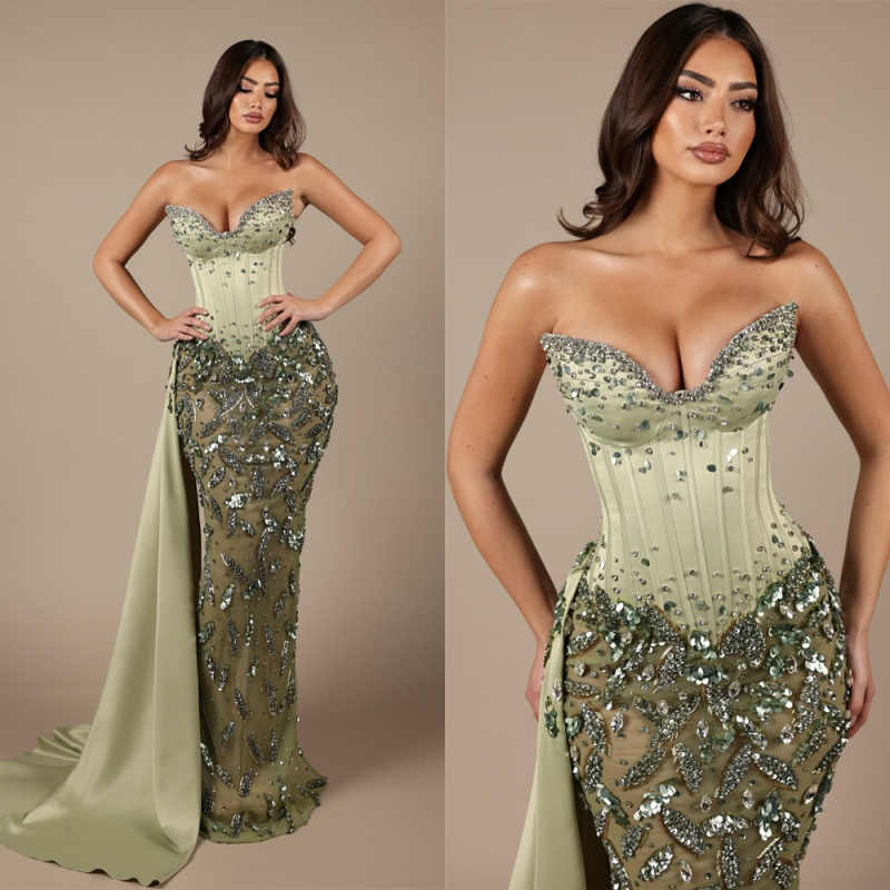 Modern Strapless Beading Prom Dresses Fashion Sleeveless Sequined Lace Customized Evening Dress Side Train Party Gowns
