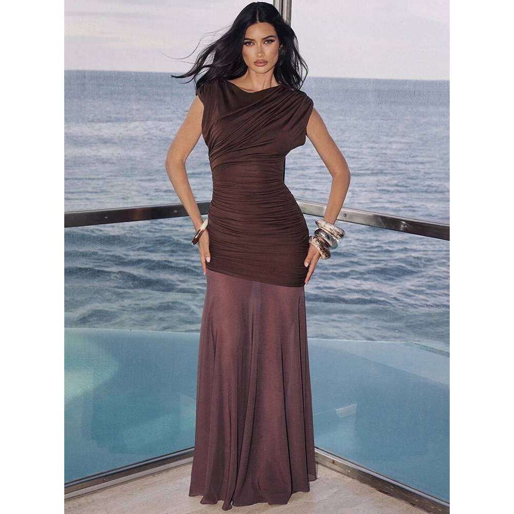 Mozision Sleeveless Ruched Sexy Maxi Dress Women Gown Elegant Patchwork Mesh O Neck High Waist Skinny Club Party Long Dresses