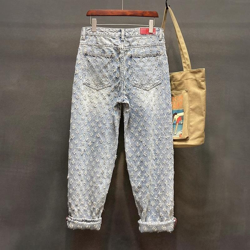 Luxury Brand Designer Clothes Men's Jeans Summer Trendy Brand Long Pants Small Ripped Jacquard Retro Wide-Leg Long Pants Men's Autumn Export