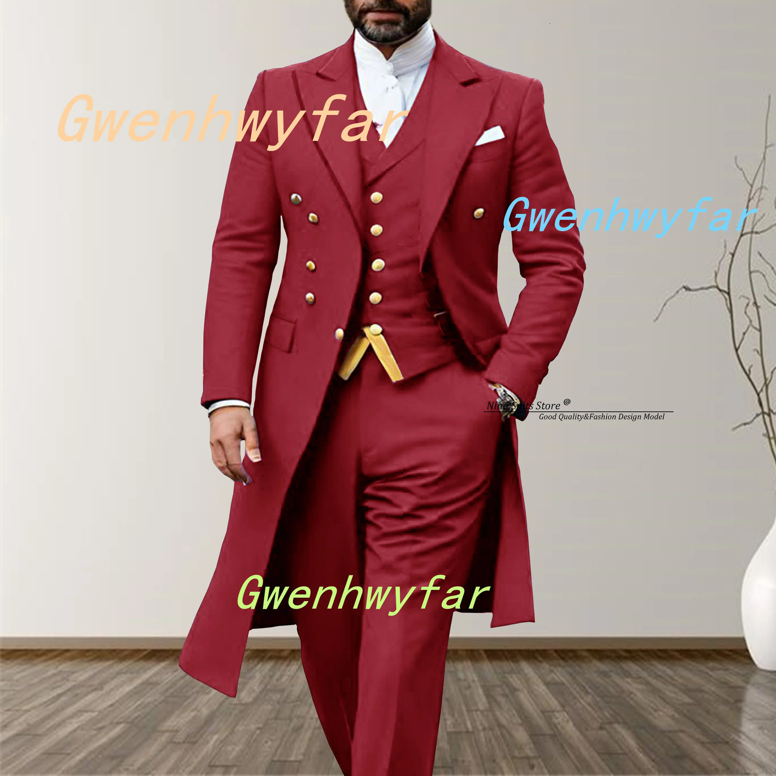 Gwenhwyfar 2025 Elegant Long Mens Suits 3piece set of Turquoise Wedding Costume with Golden Stitching Vest Casual Pants 260106 - view 4
