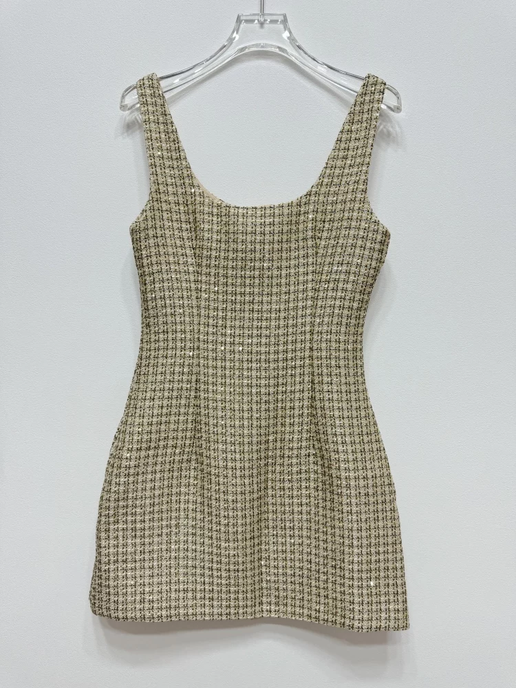 Small fragrance coarse knitted autumn and winter women's two-piece set dress, gold checkered woolen coat and rice skirt