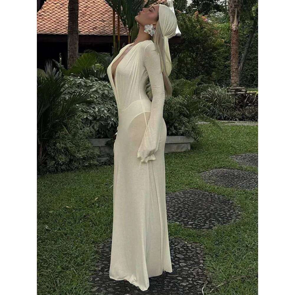 Mozision Deep Vneck Elegant Maxi For Women Autumn Bodycon Long Sleeve High Waist Slim Sexy Patchwork Club Party Dress