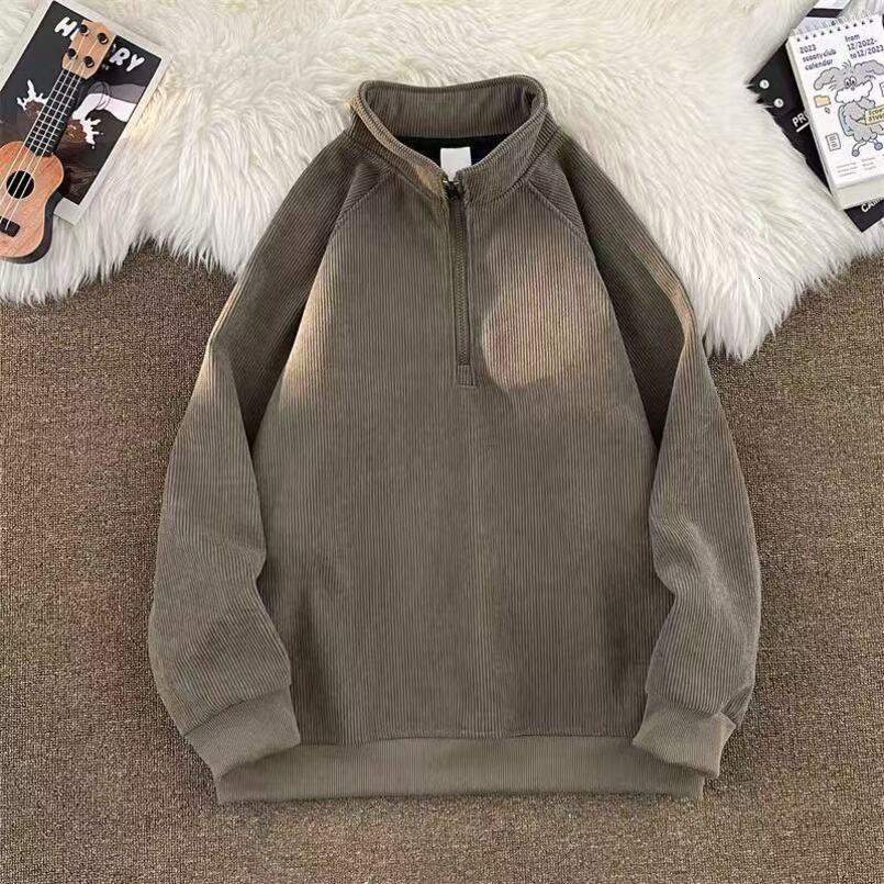 Fleece-Lined Stand Collar Half-Zip Sweatshirt Men's Autumn Winter Japanese Style Simple Loose Casual New Solid Color Jacket Men