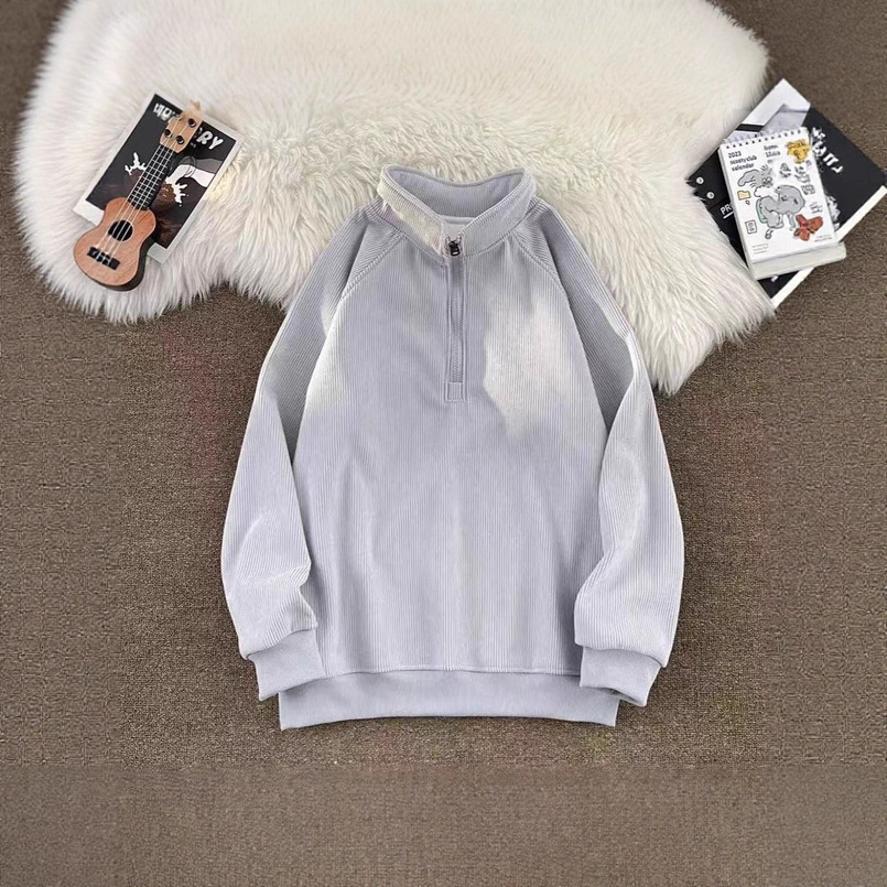 Fleece-Lined Stand Collar Half-Zip Sweatshirt Men's Autumn Winter Japanese Style Simple Loose Casual New Solid Color Jacket Men