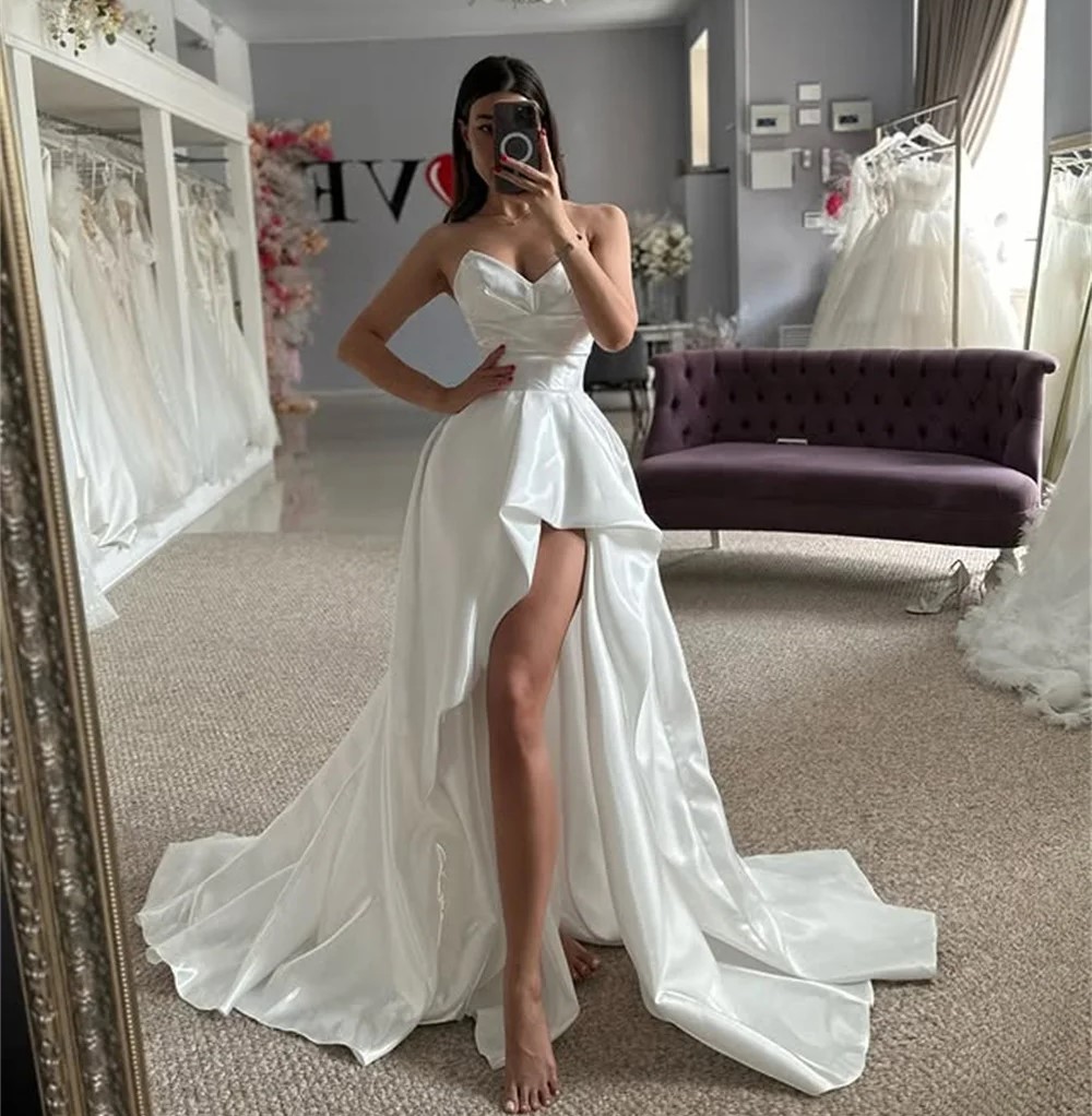 High Quality High Low Wedding Dress 2026 Pleat V-neck Organza Side Slit Satin Bridal Bride Party Gowns Vestidos De Novia