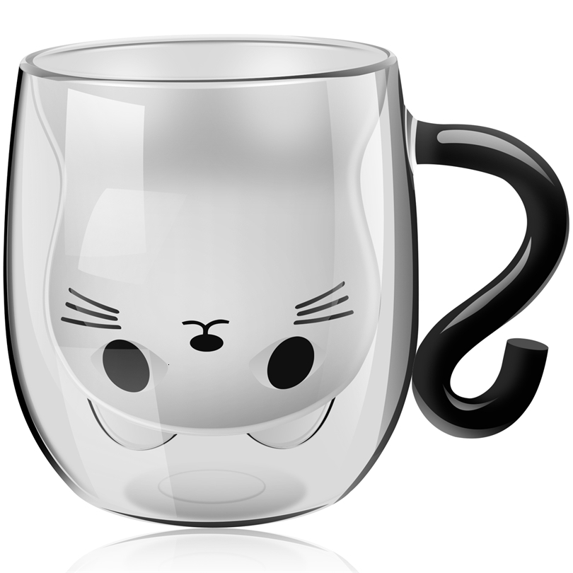 Transparent Double Walls Glass Mug Cute Coffee Cat Mug with Handle Animal Milk Glass Cute Birthday Christmas Gift 260106