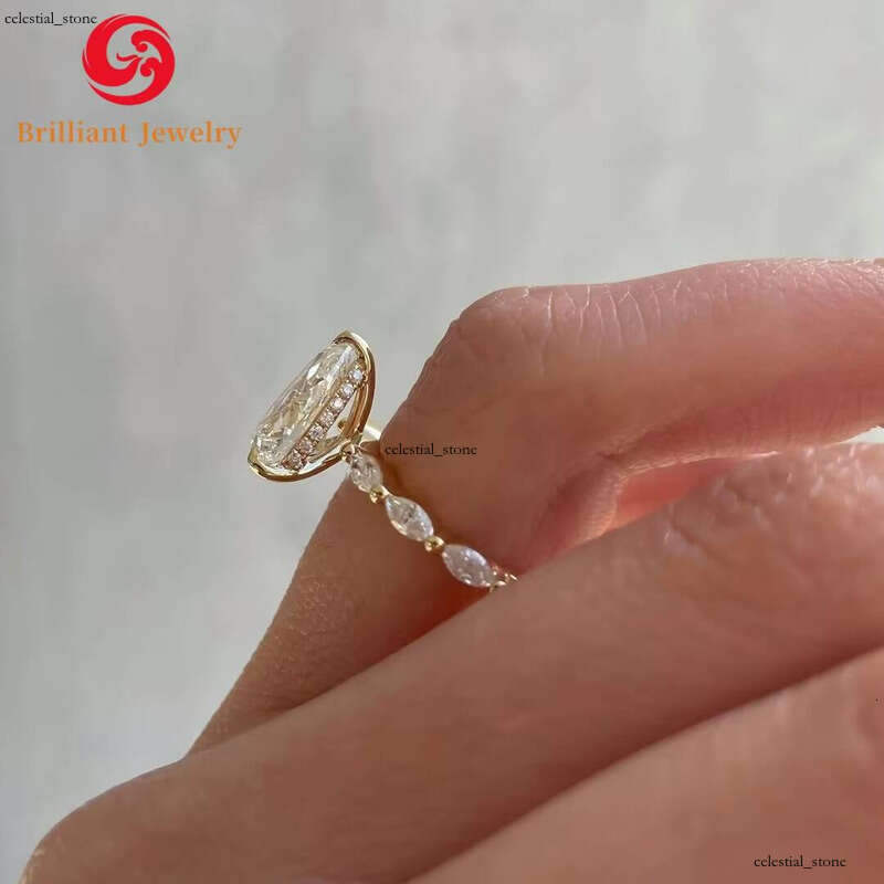 Solid 14K 18K Gold Mossanite Engagement Wedding Ring 7x 9mm 3CT VVS1 Pear Moissanite Factory Price