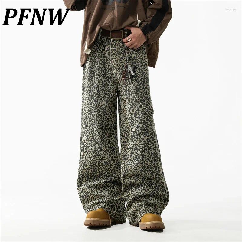 Men's Pants PFNW Autumn Winter Leopard Print Jeans 2026 Korea Fashion Contrast Color Male Trousers Loose 28W8194
