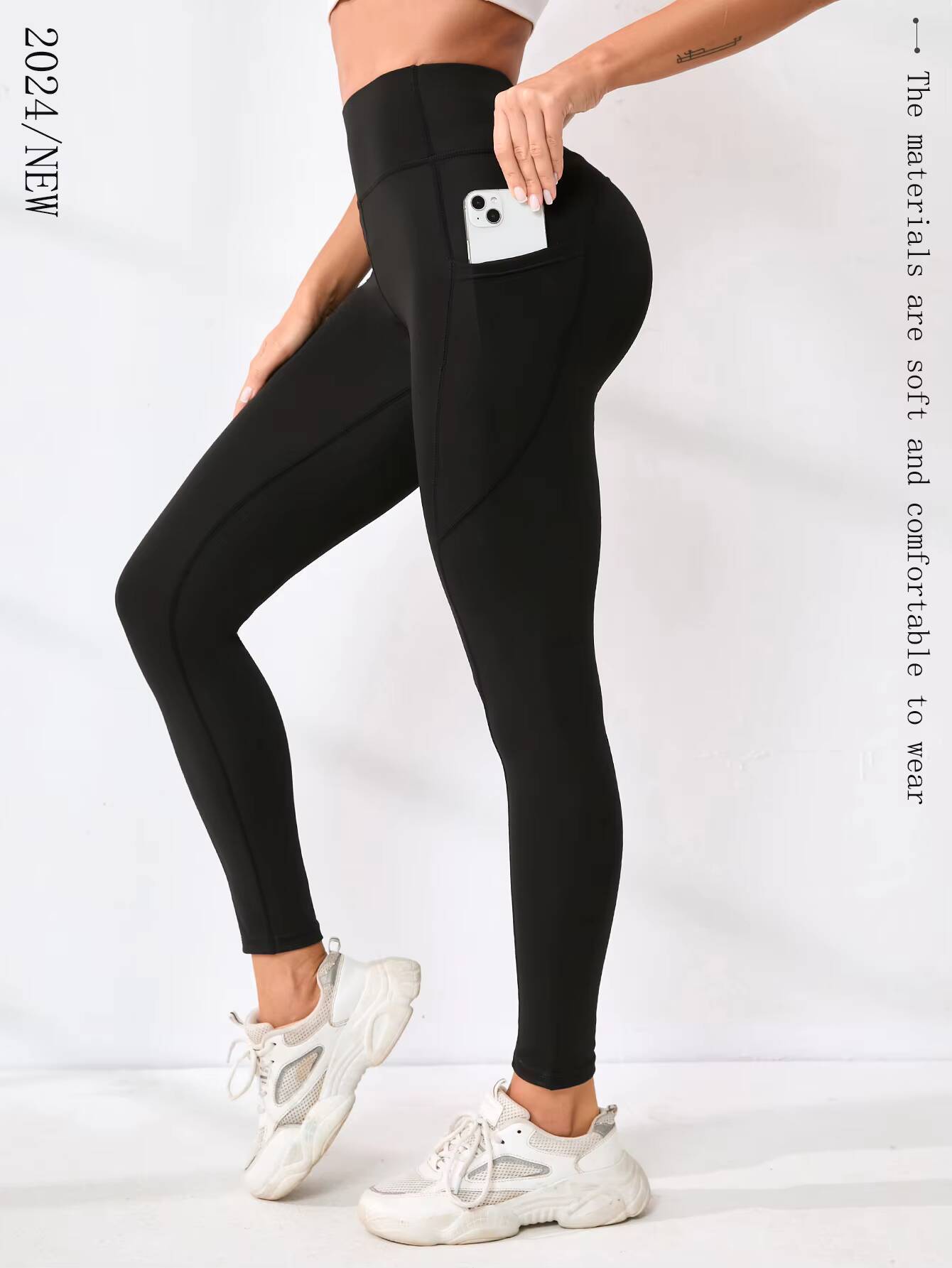 New Sexy High Waist Tummy Control Ankle Length Yoga Pants, Anti-Wrinkle Solid Color Pocket Women's Running Outdoor Pants