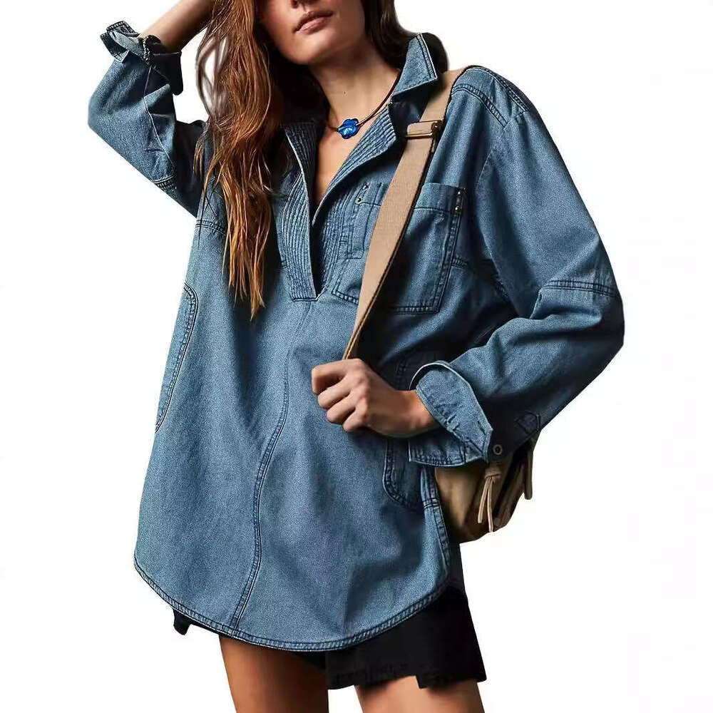 Independent Station Cross-Border Denim New European and American Long Sleeve V-Neck Fashion Design Casual Jacket