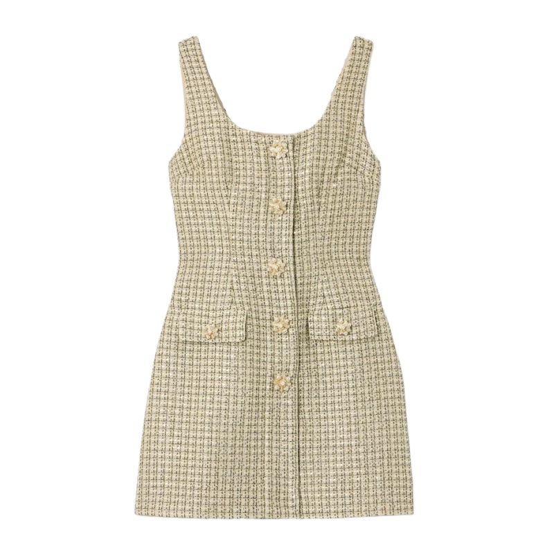 Small fragrance coarse knitted autumn and winter women's two-piece set dress, gold checkered woolen coat and rice skirt