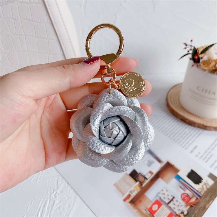 Bag Charm Fashion Leather Camellia Cute Flower Pendant Women Keychain Key Ring Best Friend Gift Backpack Car Decoration