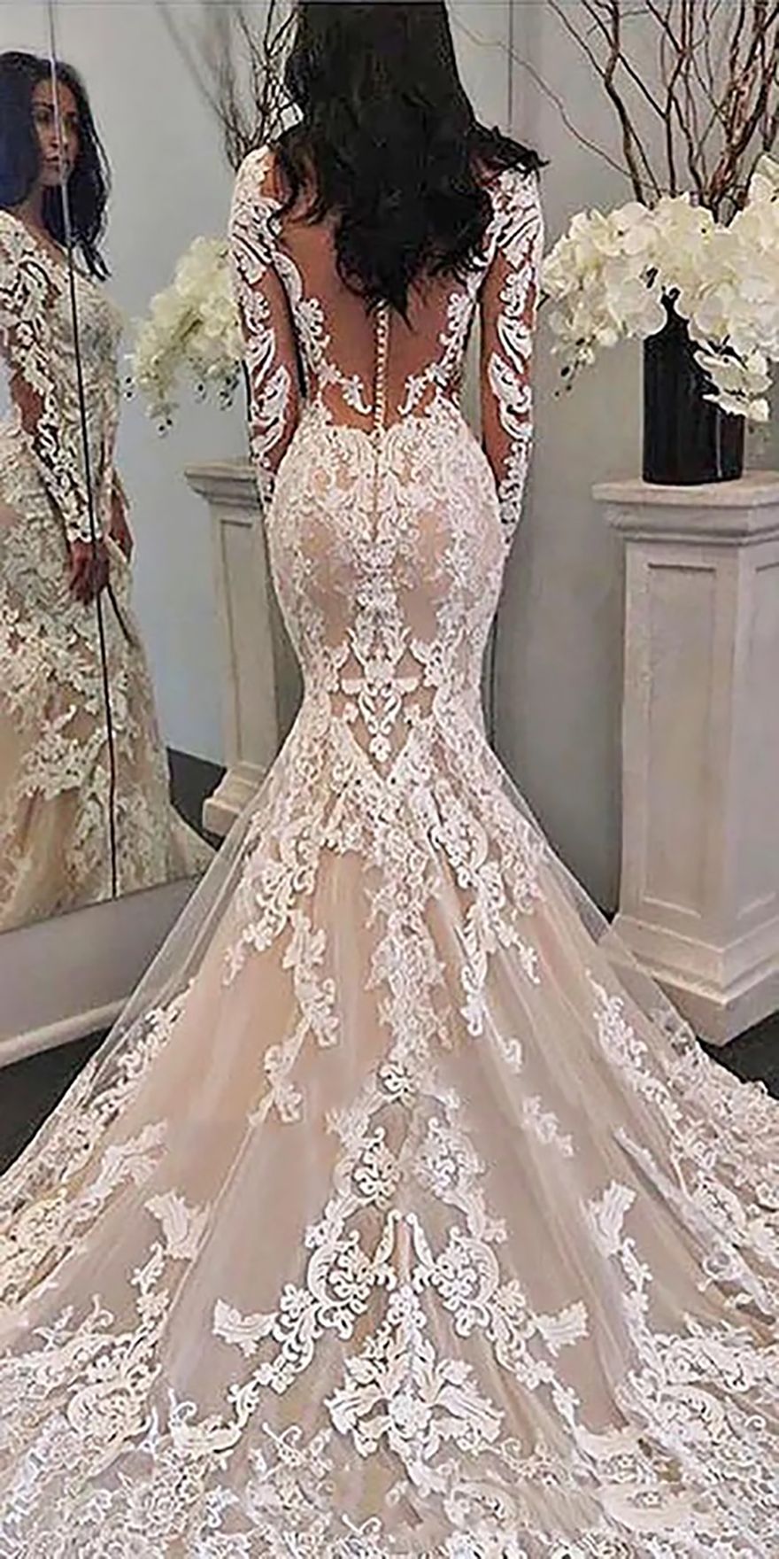 New Illusion Long Sleeves Lace Mermaid Dresses Tulle Applique Court princess Wedding Bridal Gowns With Buttons J07