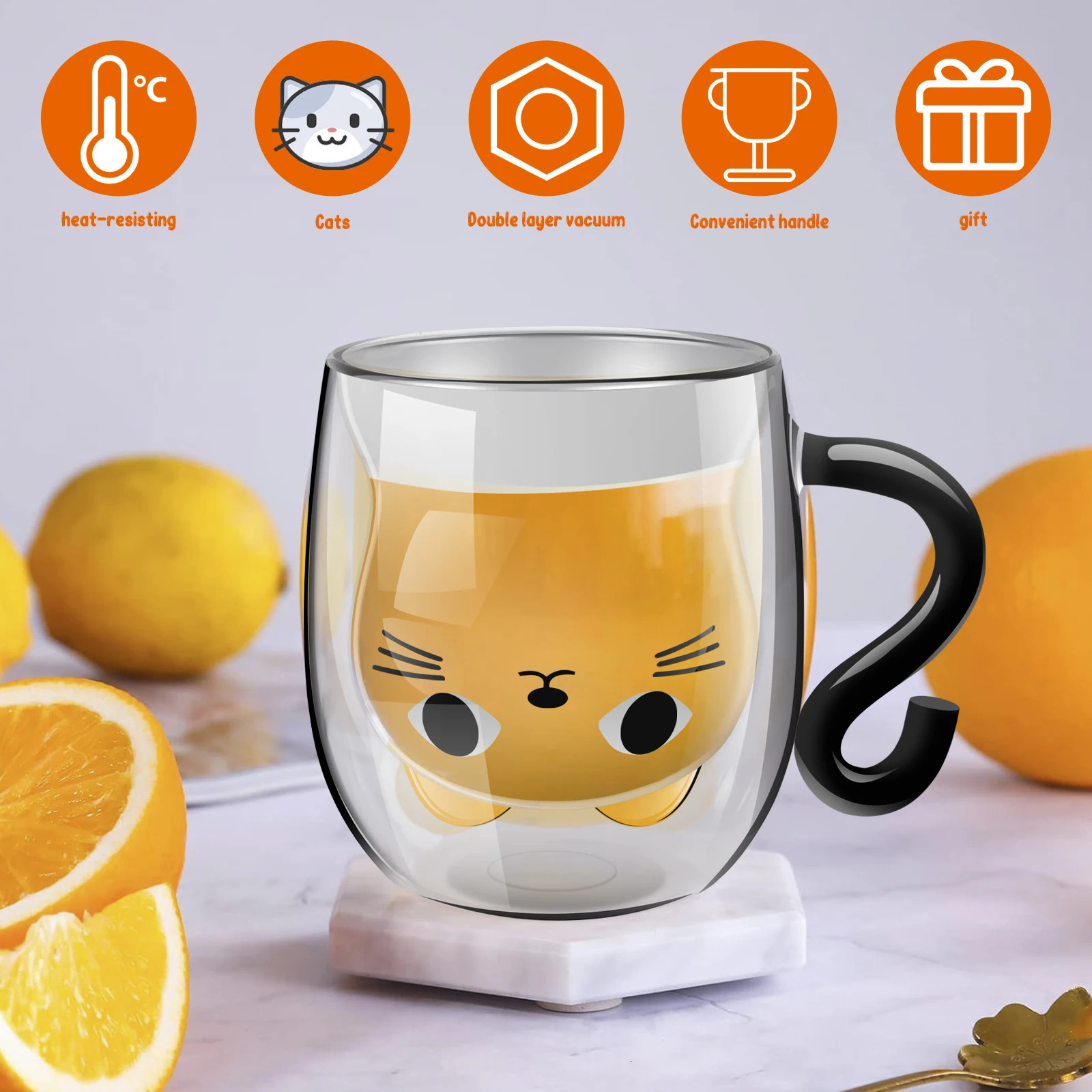 Transparent Double Walls Glass Mug Cute Coffee Cat Mug with Handle Animal Milk Glass Cute Birthday Christmas Gift 260106