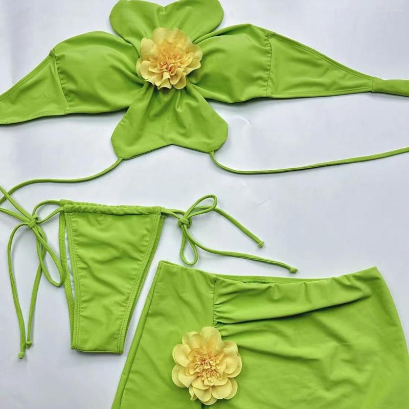 Women's Swimwear Neck Bikini With Skirt 3D Flowers Halter Female Swimsuit Women 3 Piece Set Bather Bathing Suit Swim