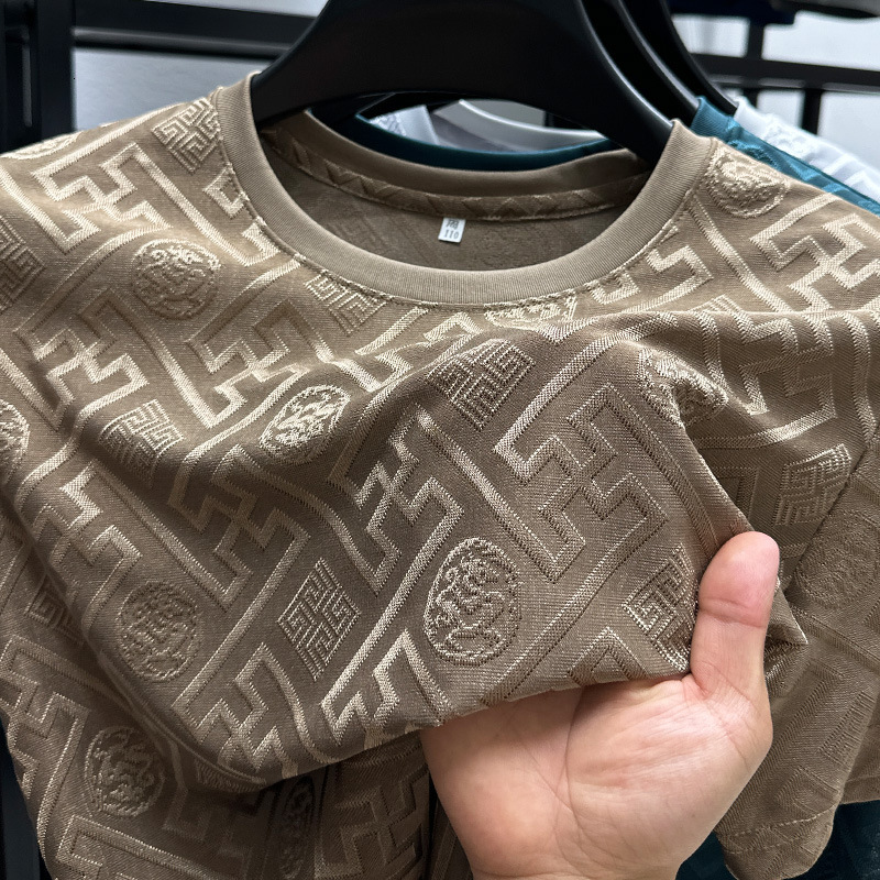Luxury Brand Designer Clothes Ice Silk Summer Short Sleeve T-Shirt For Middle-Aged Men, New Breathable Casual Round Neck Thin Jacquard Half Sleeve Top,