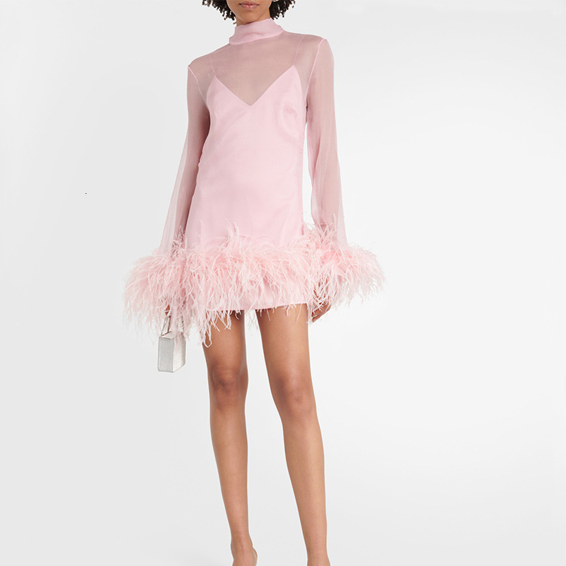 Basic Casual Dresses TRAF For Women 2023 Summer Woven Mini Dress Semi Sheer Feather Long Sleeve Short Party Evening Celebrity 231101