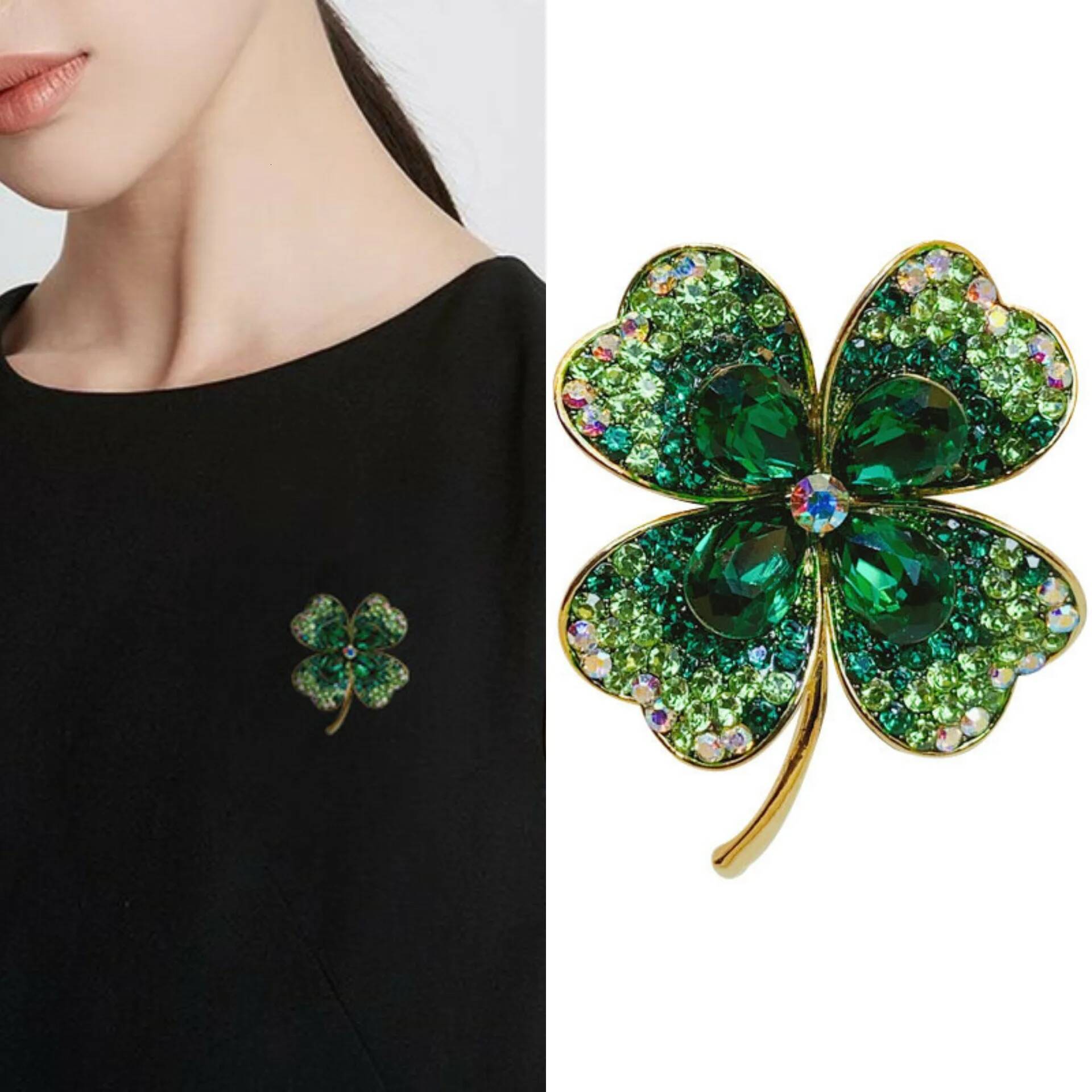 Luxury Crystal Four-leaf Clover Brooches for Women Men Rhinestone Plant Corsage Lapel Pins Clothing Wedding Party Jewelry