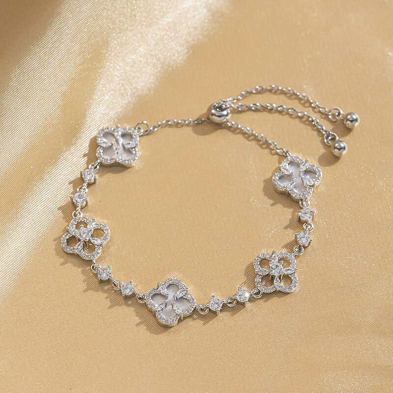 Real Gold Plated Four-Leaf Clover Necklace Women's Earrings Bracelet Jewelry Set Inlaid With Natural Shell Full Diamond Light Luxury Accessories