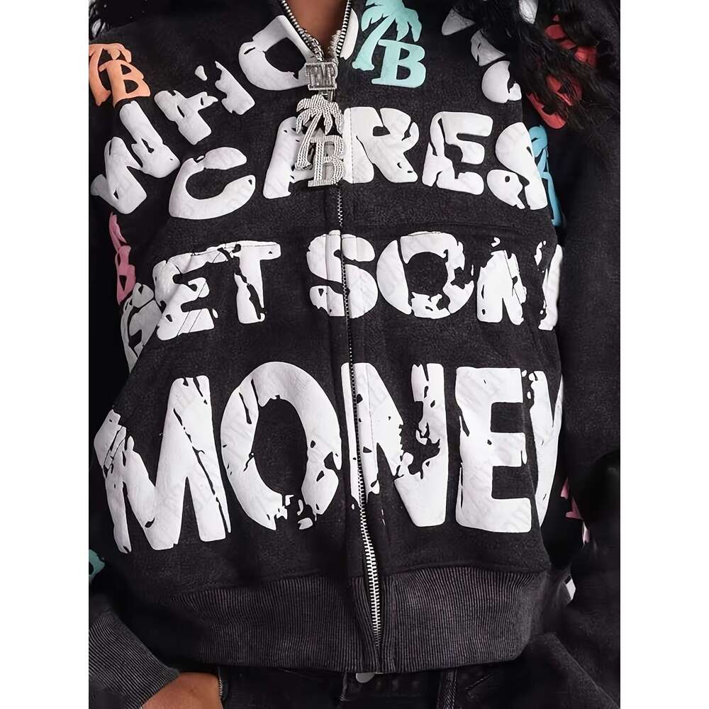 Unisex Y2k Streetwear Zip Hoodie With "Who Cares Get Some Money" Print Colorful Dollar Sign Logo Full-Zip Closure, V-Neck, Long Sleeve, A-Li