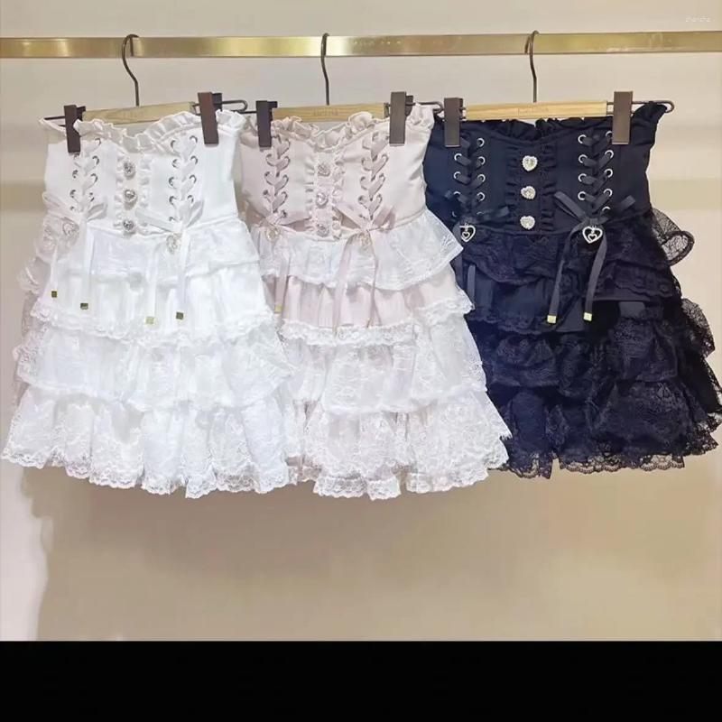Skirts Japanese Sweet Lolita Style Mini Skirt Women Elegant Lace Bandage Party Cake Female Gothic Y2k Metal Buckle