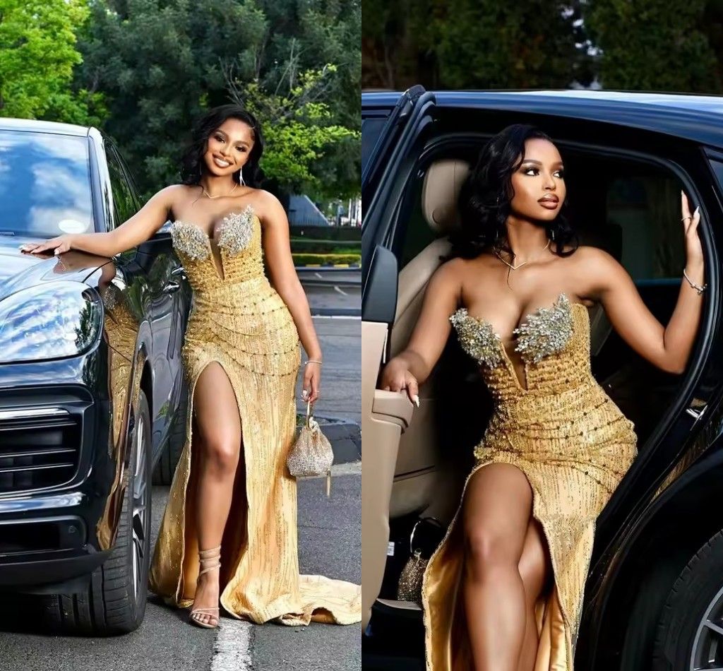 Golden African Girls Mermaid Evening Dresses Sparkly Crystals Beaded Chains Special Occasion Prom Gowns Slit Sexy Sweetheart Plus Size Formal Gala Dress